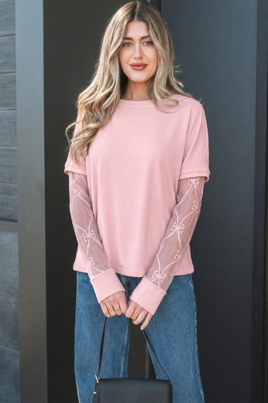 Women’s Solid Pastel Mesh Bow Patchwork Long Sleeve T-Shirt | Zarnesh