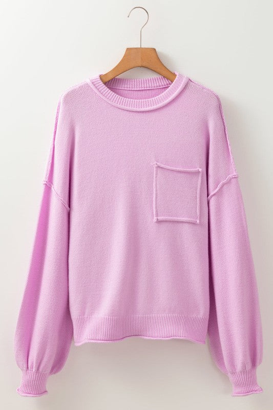Women's Solid Ribbed Raw Edge Drop Shoulder Chest Pocket Sweater | Zarnesh