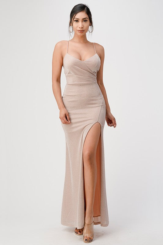 Women’s Sparkling Knit Jacquard Side Gather Spaghetti Gown | Zarnesh