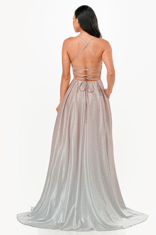 Women’s Sparkly Glitter Gown Back Spaghetti Straps Maxi Dress | Zarnesh