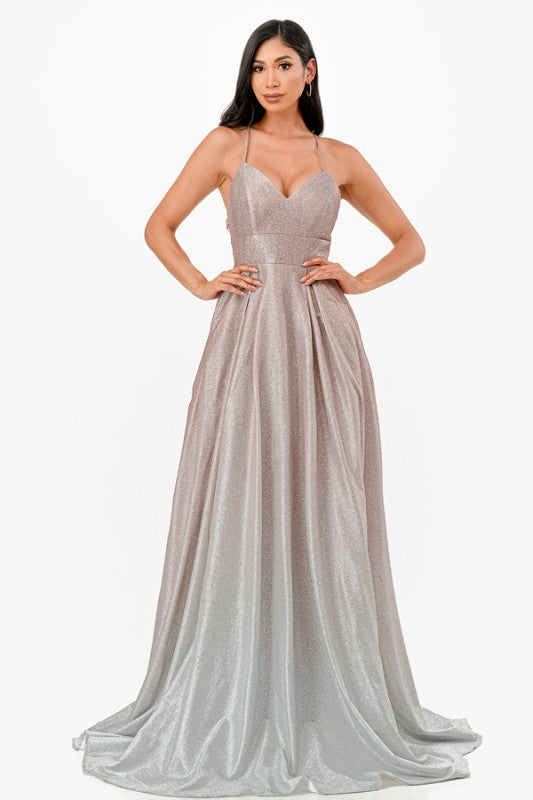 Women’s Sparkly Glitter Gown Back Spaghetti Straps Maxi Dress | Zarnesh