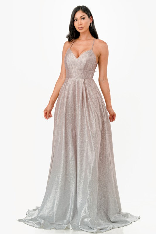 Women’s Sparkly Glitter Gown Back Spaghetti Straps Maxi Dress | Zarnesh