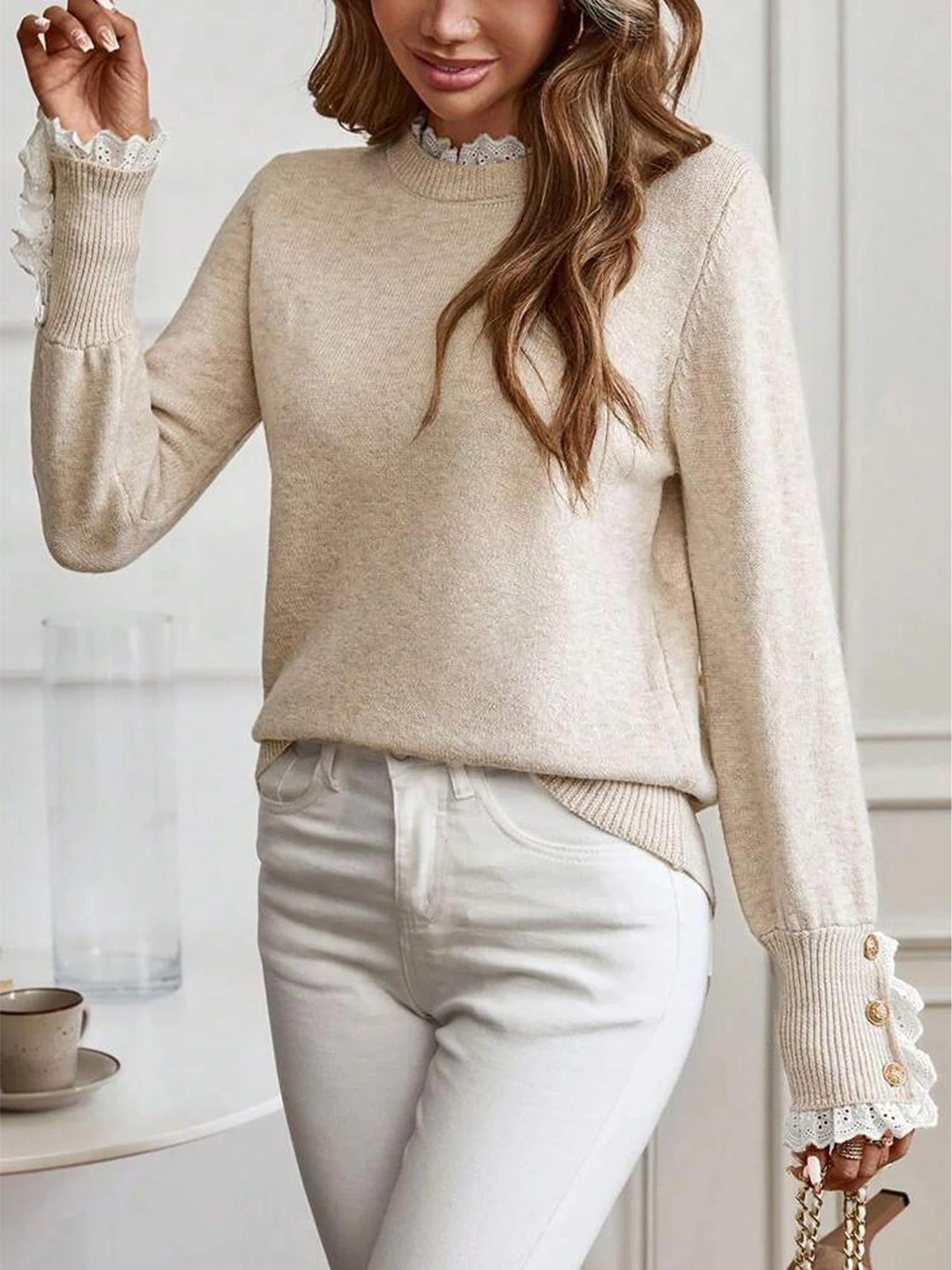 Women’s Spliced Lace Round Neck Knit Pullover Sweater | Zarnesh