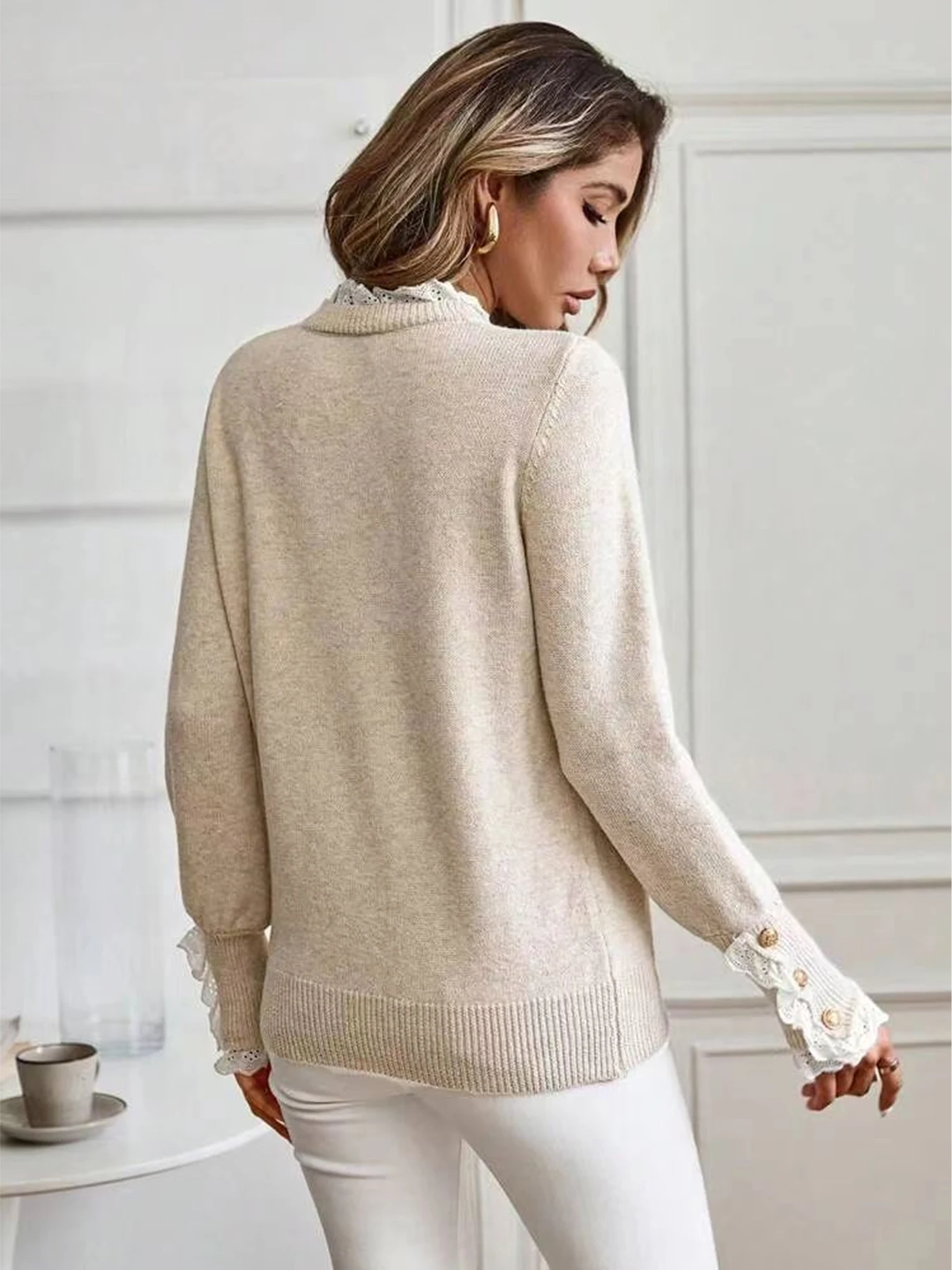 Women’s Spliced Lace Round Neck Knit Pullover Sweater | Zarnesh