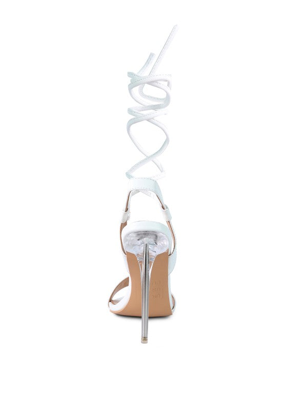 WOMEN'S SHEENY CLEAR STILETTO LACE UP SANDAL | ZARNESH