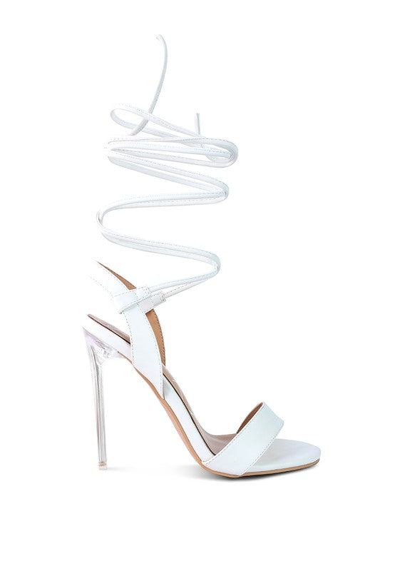 WOMEN'S SHEENY CLEAR STILETTO LACE UP SANDAL | ZARNESH