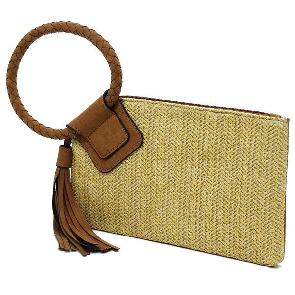 Women's Straw Leather Cuff Handle Tassel Wristlet Clutch | Zarnesh