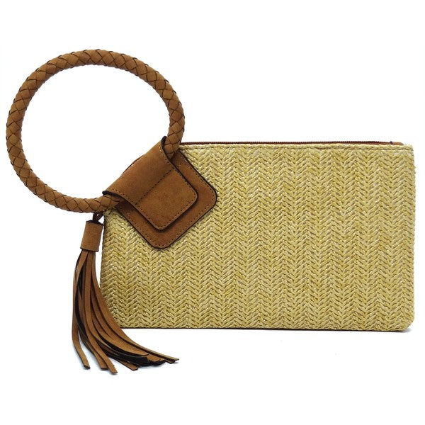 Women's Straw Leather Cuff Handle Tassel Wristlet Clutch | Zarnesh