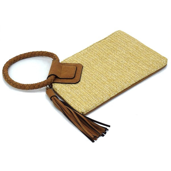 Women's Straw Leather Cuff Handle Tassel Wristlet Clutch | Zarnesh