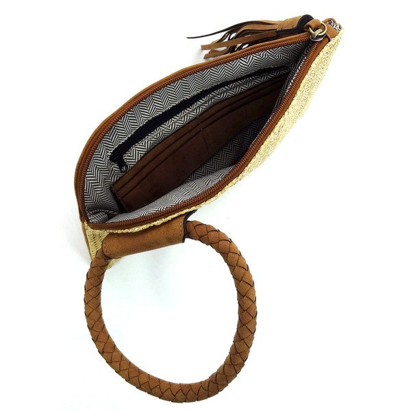 Women's Straw Leather Cuff Handle Tassel Wristlet Clutch | Zarnesh