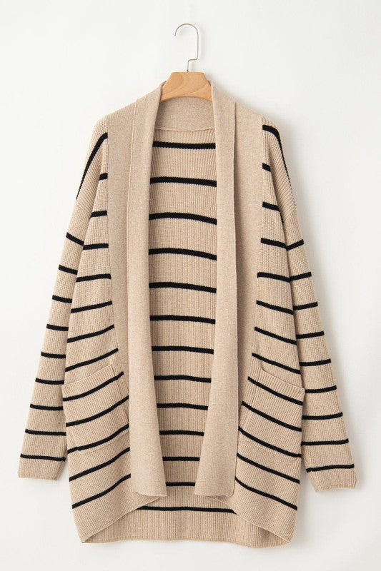 Women’s Stripe Shawl Neck Pocketed Open Cardigan | Zarnesh