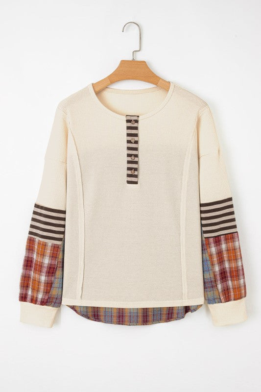 Women’s Stripe Plaid Patchwork Waffle Top | Zarnesh
