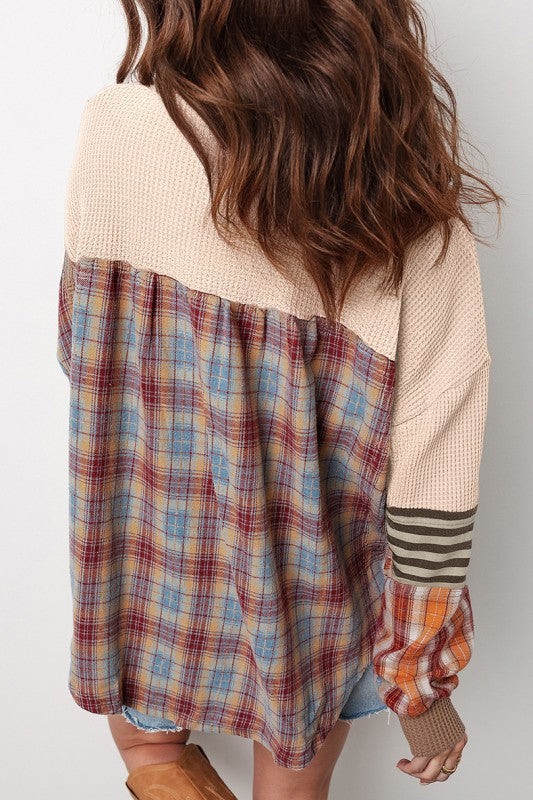 Women’s Stripe Plaid Patchwork Henley Knit Sweatshirts | Zarnesh