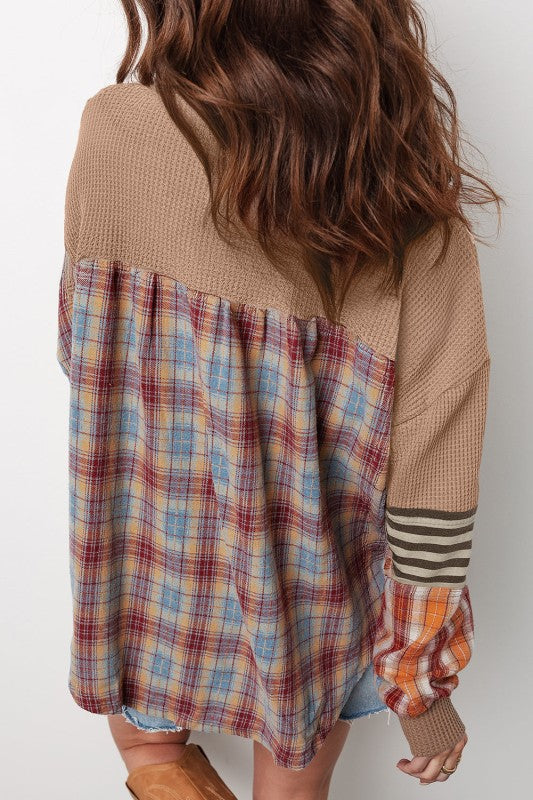 Women’s Stripe Plaid Patchwork Waffle Knit Henley Top | Zarnesh