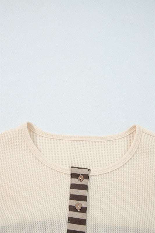 Women’s Stripe Plaid Patchwork Waffle Knit Henley Top | Zarnesh