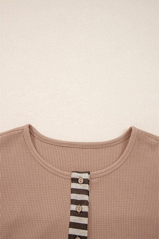 Women’s Stripe Plaid Patchwork Waffle Knit Henley Top | Zarnesh