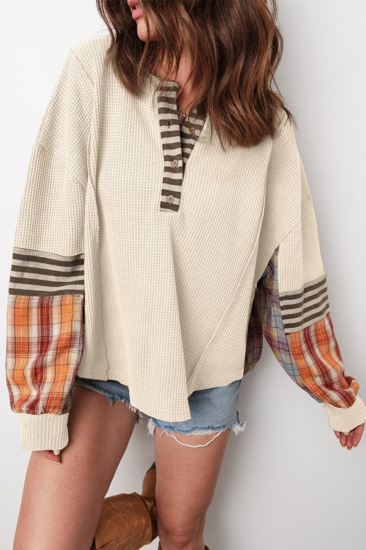 Women’s Stripe Plaid Patchwork Waffle Top | Zarnesh