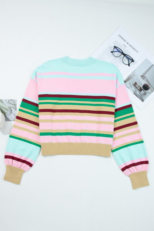 Women’s Stripe Ribbed Trim Crewneck Cropped Pullover Sweater | Zarnesh