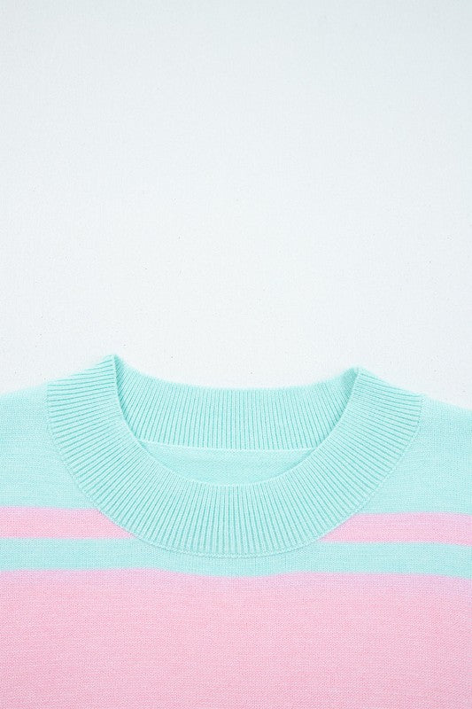 Women’s Stripe Ribbed Trim Crewneck Cropped Pullover Sweater | Zarnesh