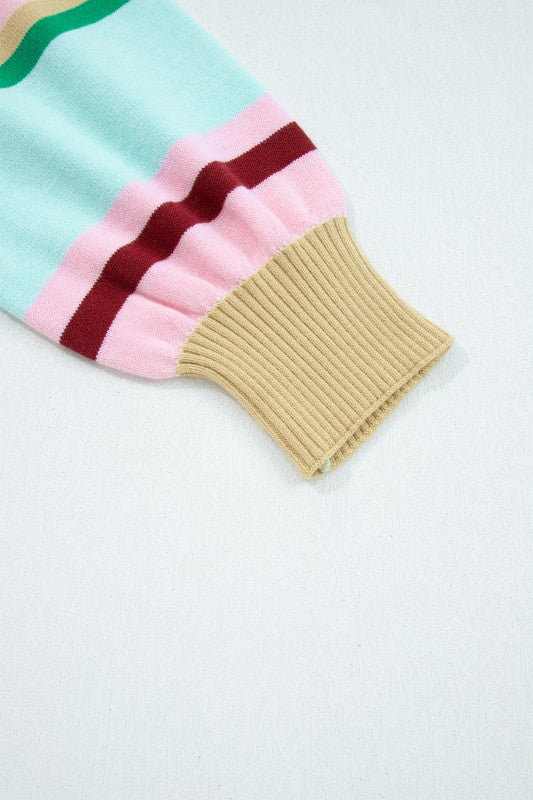 Women’s Stripe Ribbed Trim Crewneck Cropped Pullover Sweater | Zarnesh