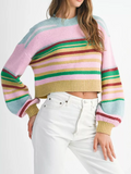 Women’s Stripe Ribbed Trim Crewneck Cropped Pullover Sweater | Zarnesh