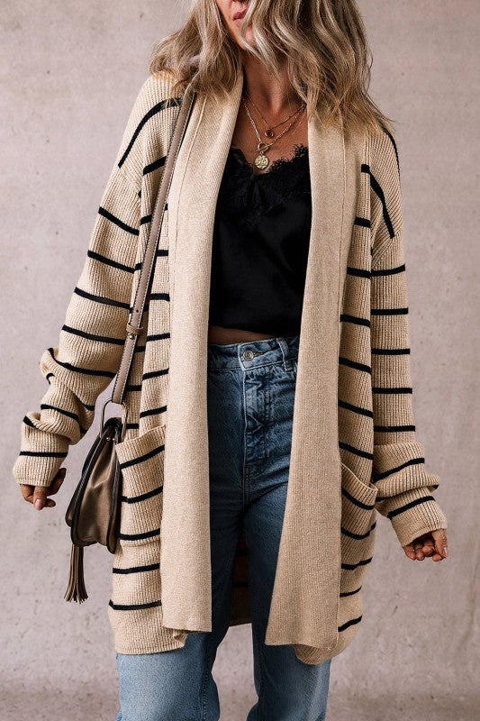 Women’s Stripe Shawl Neck Pocketed Open Cardigan | Zarnesh