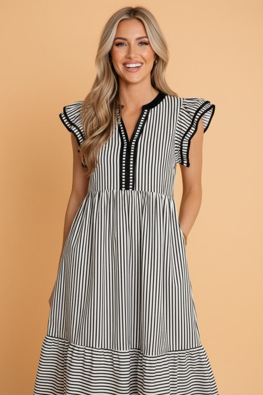 Women’s Stripe V-Neck Double Ruffled Short Sleeve Midi Dress | Zarnesh