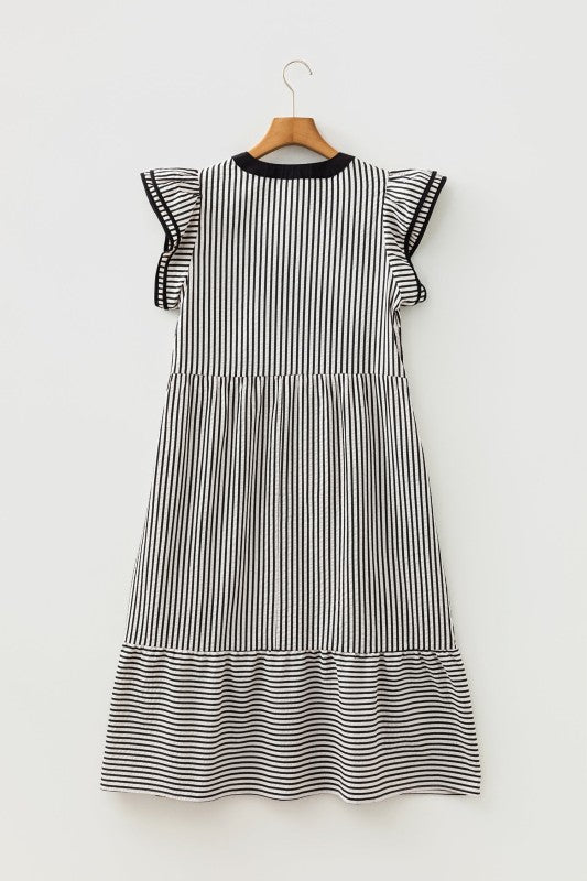 Women’s Stripe V-Neck Double Ruffled Short Sleeve Midi Dress | Zarnesh