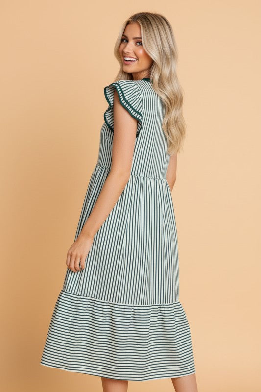 Women’s Stripe V-Neck Double Ruffled Short Sleeve Midi Dress | Zarnesh