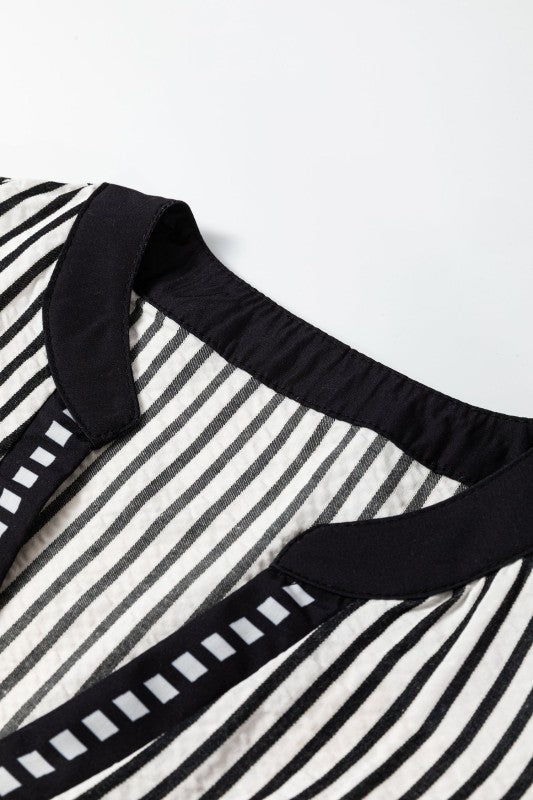 Women’s Stripe V-Neck Double Ruffled Short Sleeve Midi Dress | Zarnesh