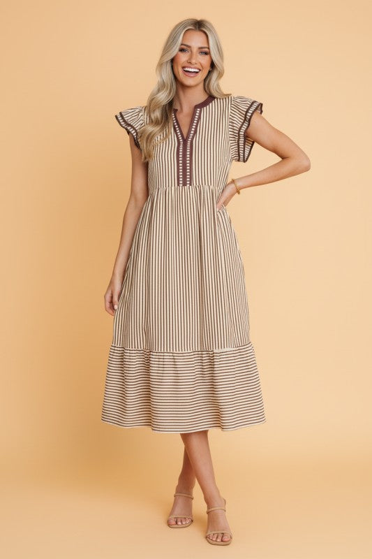 Women’s Stripe V-Neck Double Ruffled Short Sleeve Midi Dress | Zarnesh
