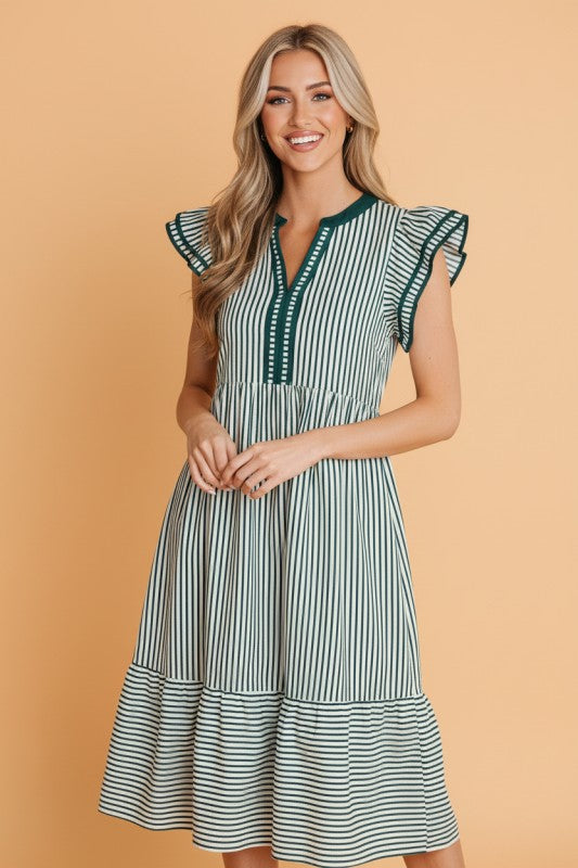 Women’s Stripe V-Neck Double Ruffled Short Sleeve Midi Dress | Zarnesh