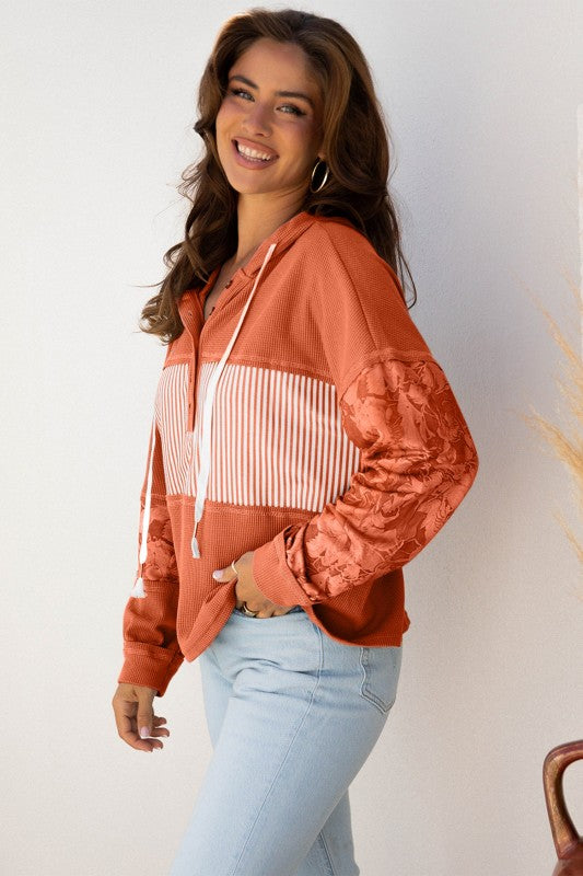 Women’s Stripe Waffle Knit Patchwork Hooded Long Sleeve Top | Zarnesh