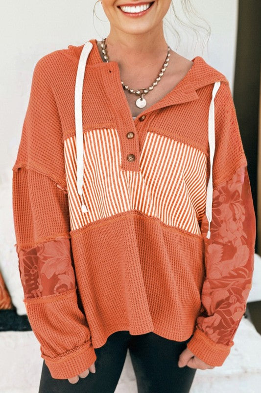 Women’s Stripe Waffle Knit Patchwork Hooded Long Sleeve Top | Zarnesh