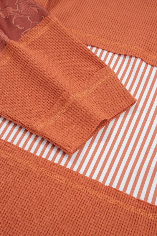 Women’s Stripe Waffle Knit Patchwork Hooded Long Sleeve Top | Zarnesh