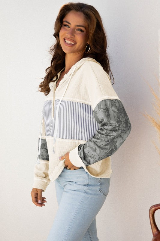 Women’s Stripe Waffle Knit Patchwork Hooded Long Sleeve Top | Zarnesh