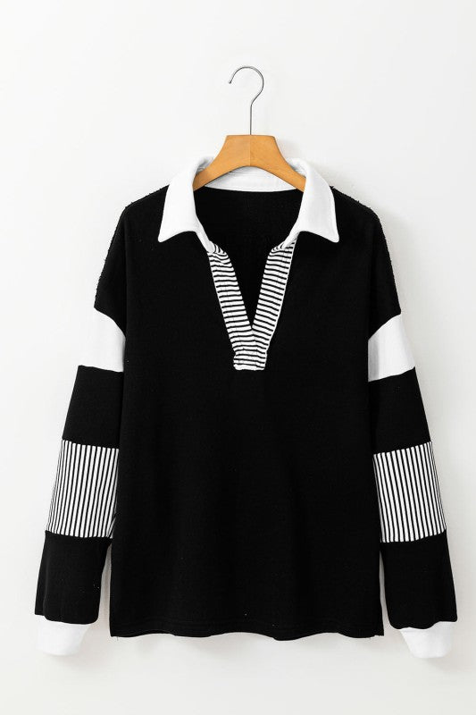 Women’s Black Striped Patchwork Collar Sweatshirt | Zarnesh