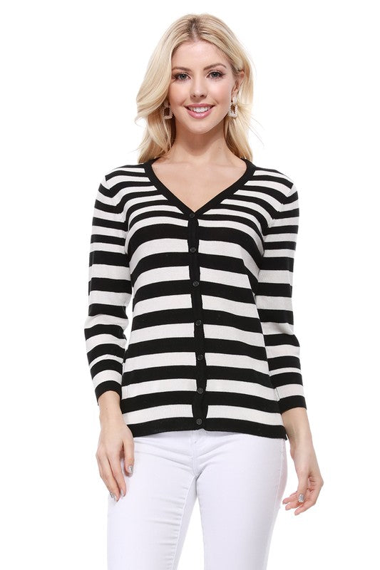 Women’s Striped Button-Down V-Neck Spandex Cardigan Sweater | Zarnesh