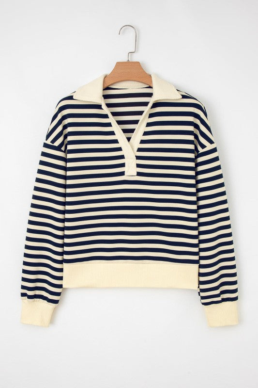 Women’s Striped Collared V-Neck Pullover Long Sleeve Top | Zarnesh
