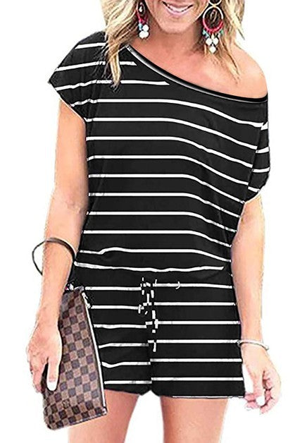 Women's Striped One Shoulder Drawstring Waist Romper | Zarnesh