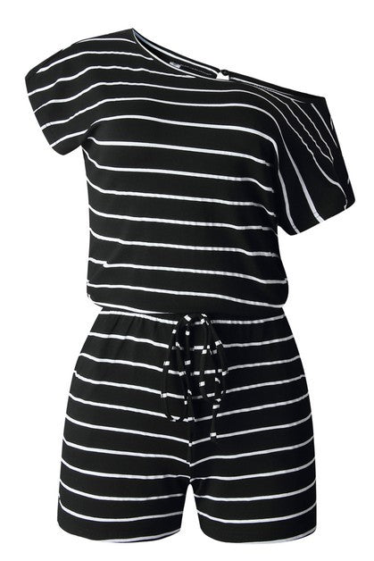 Women's Striped One Shoulder Drawstring Waist Romper | Zarnesh