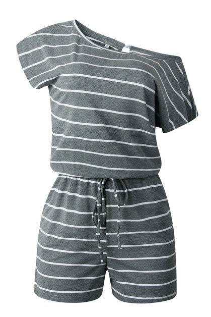 Women's Striped One Shoulder Drawstring Waist Romper | Zarnesh