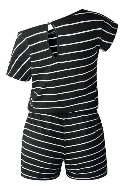 Women's Striped One Shoulder Drawstring Waist Romper | Zarnesh