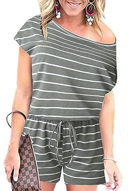 Women's Striped One Shoulder Drawstring Waist Romper | Zarnesh