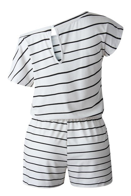 Women's Striped One Shoulder Drawstring Waist Romper | Zarnesh