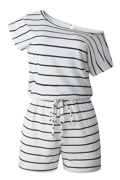 Women's Striped One Shoulder Drawstring Waist Romper | Zarnesh
