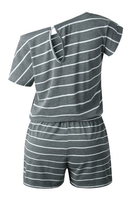 Women's Striped One Shoulder Drawstring Waist Romper | Zarnesh