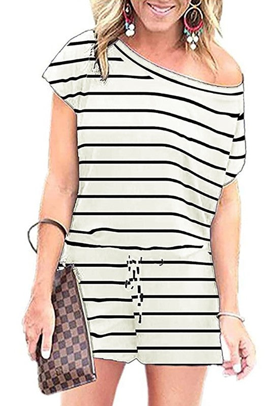 Women's Striped One Shoulder Drawstring Waist Romper | Zarnesh