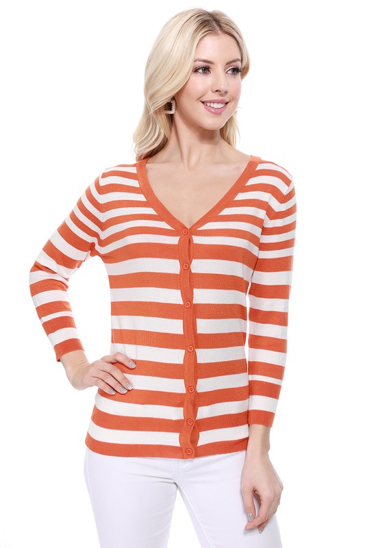 Women’s Striped Button-Down V-Neck Spandex Cardigan Sweater | Zarnesh