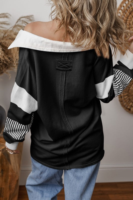 Women’s Black Striped Patchwork Collar Sweatshirt | Zarnesh